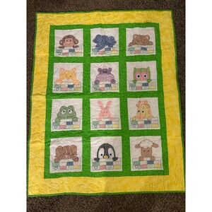 90s Vintage Style Stamped Cross Stitch Baby Quilt Handmade Nursery Animal 47x37